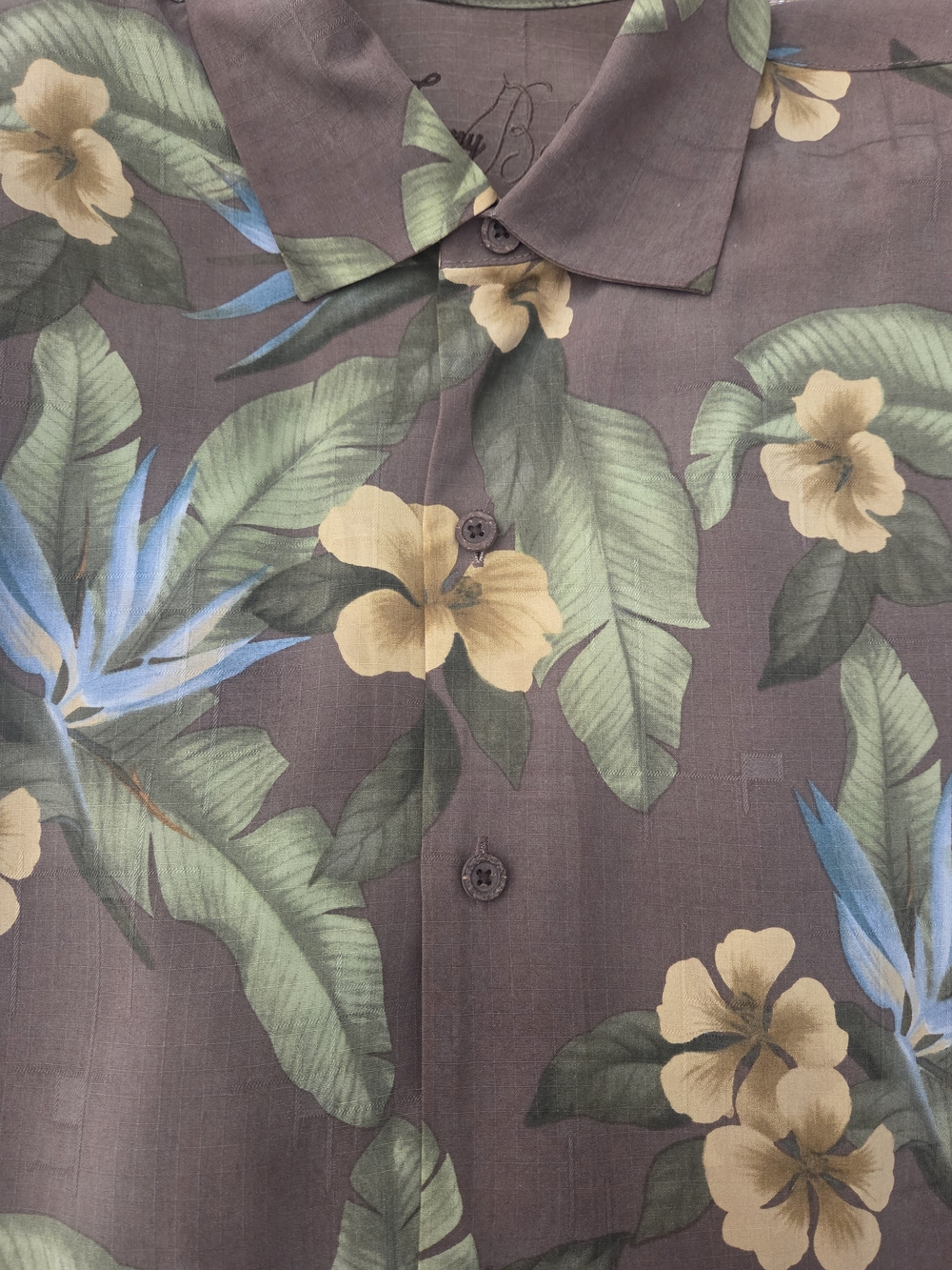 Tommy Bahama Silk Floral Hawaiian Shirt with Green Leaves & Yellow Flowers